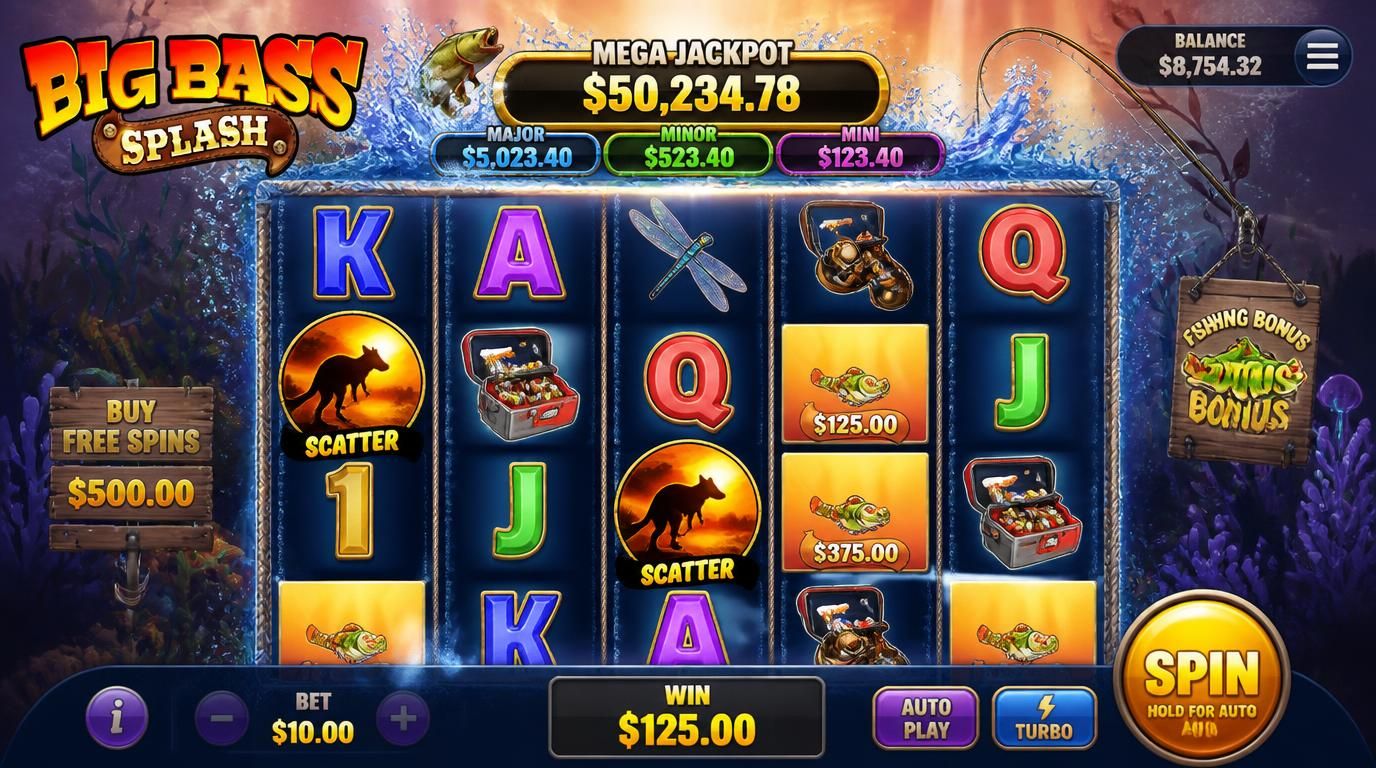 A demo play screen with virtual credits, reels surrounded by water splashes and Australian iconography