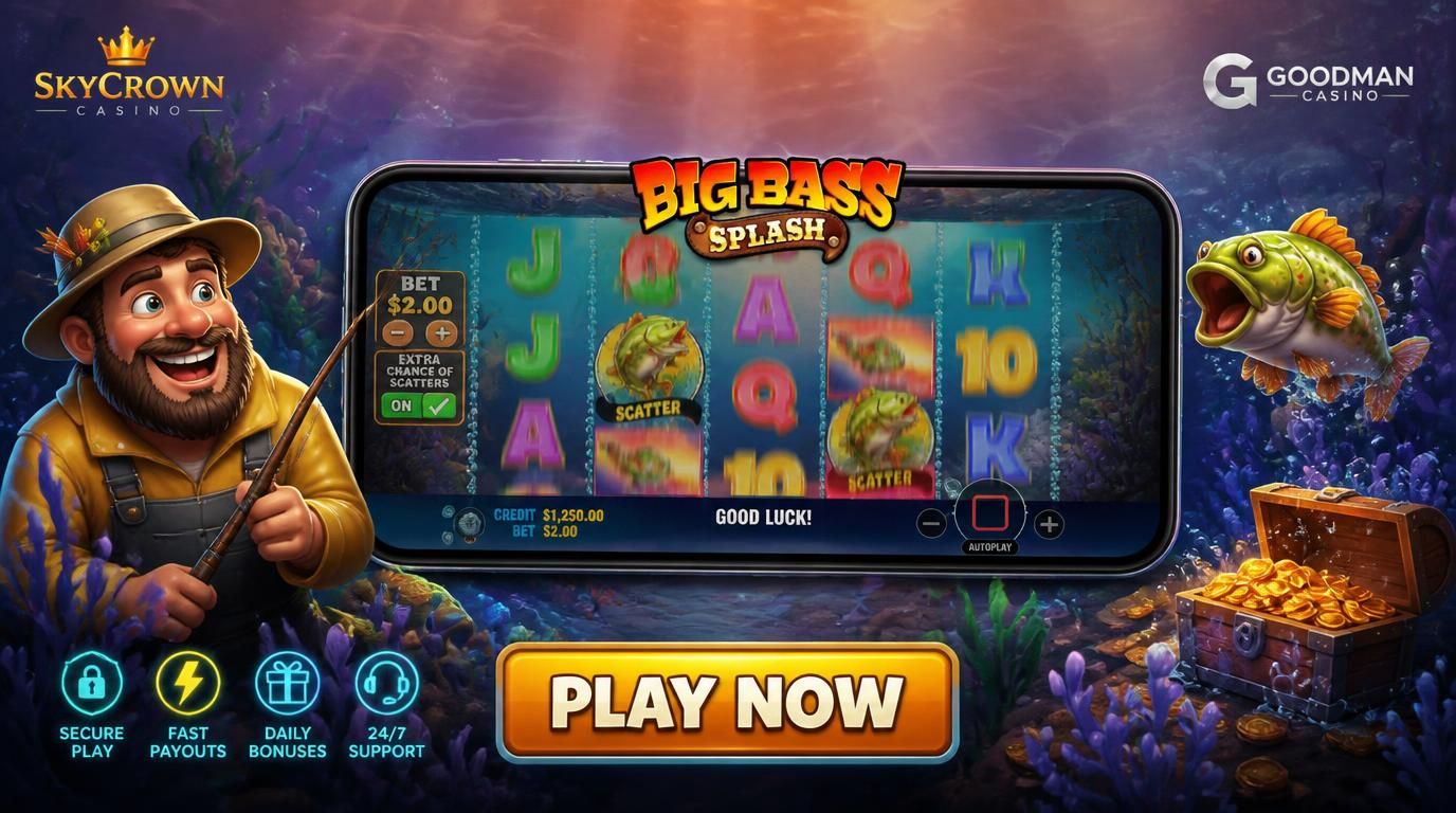 A mobile phone showing Big Bass Splash on screen with fishing and casino logos